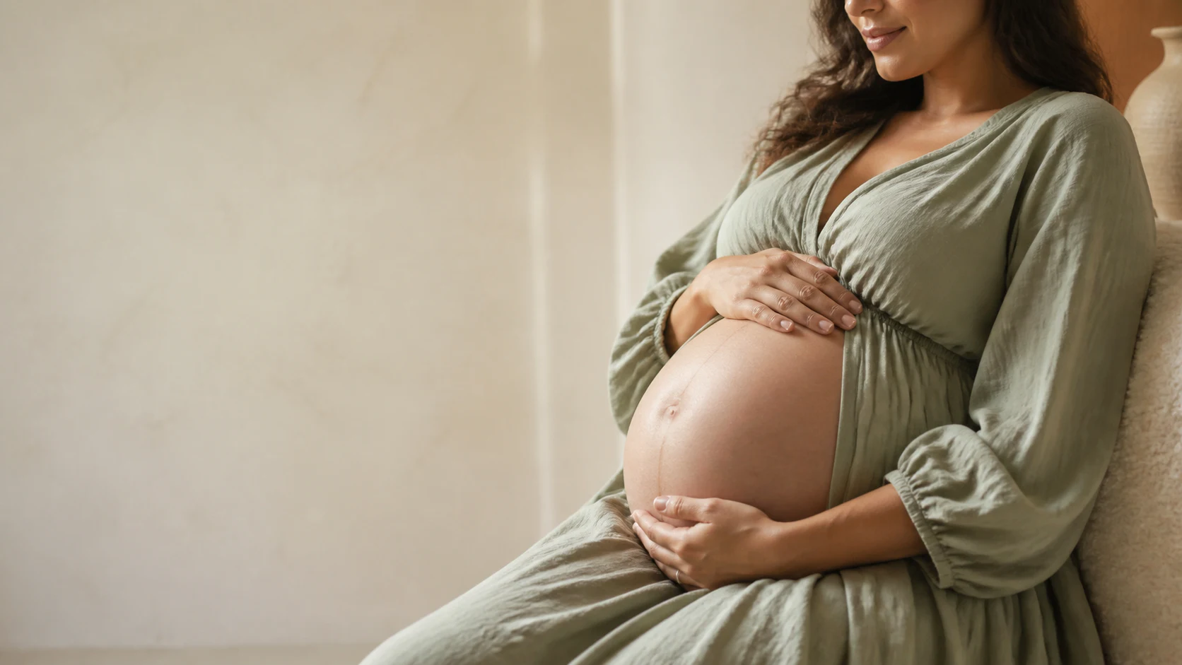Barriga aparente de uma gestante com as mãos apoiadas delicadamente sobre ela